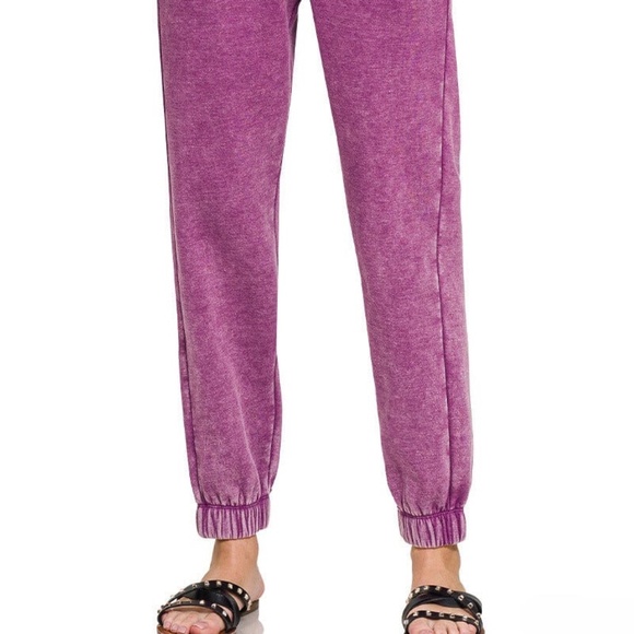 New Zenana Acid Wash Fleece Drawstring Sweatpants Mocha Pockets Joggers Plum - Picture 4 of 6